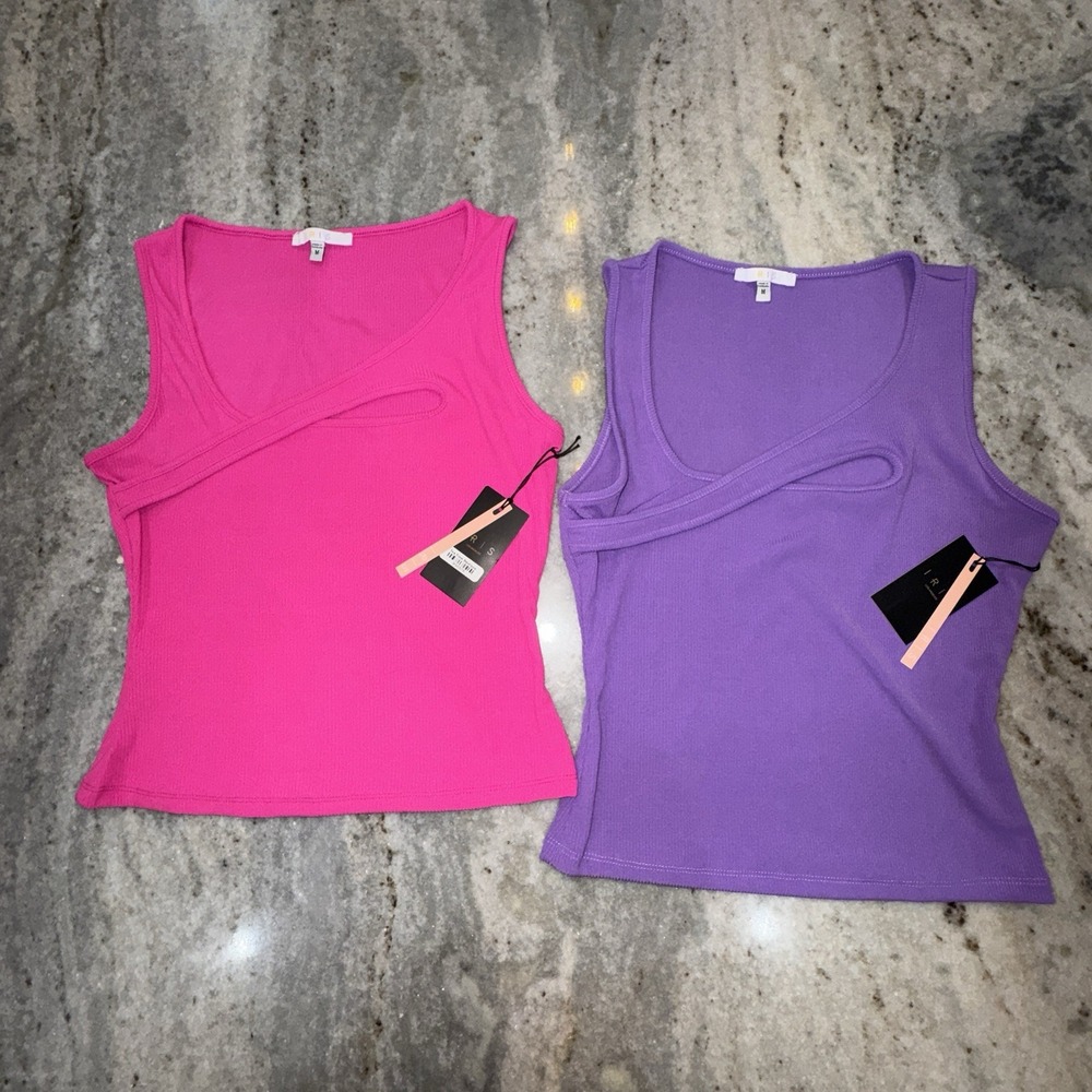 NWT IRIS Bundle Of 2 Athletic Tank Top Ribbed Pink Purple Stretch Womens Sz M